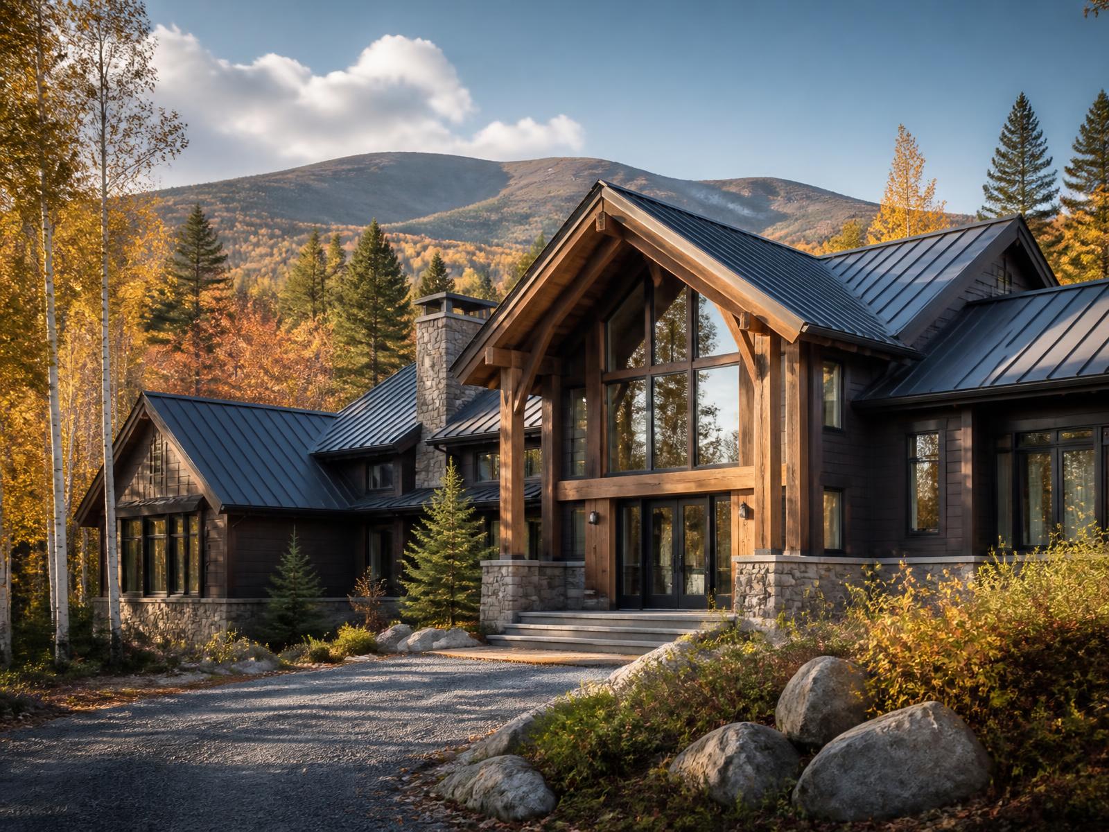 Mountain modern residence with heavy timber entry, stone base and dark cedar cladding in the White Mountains