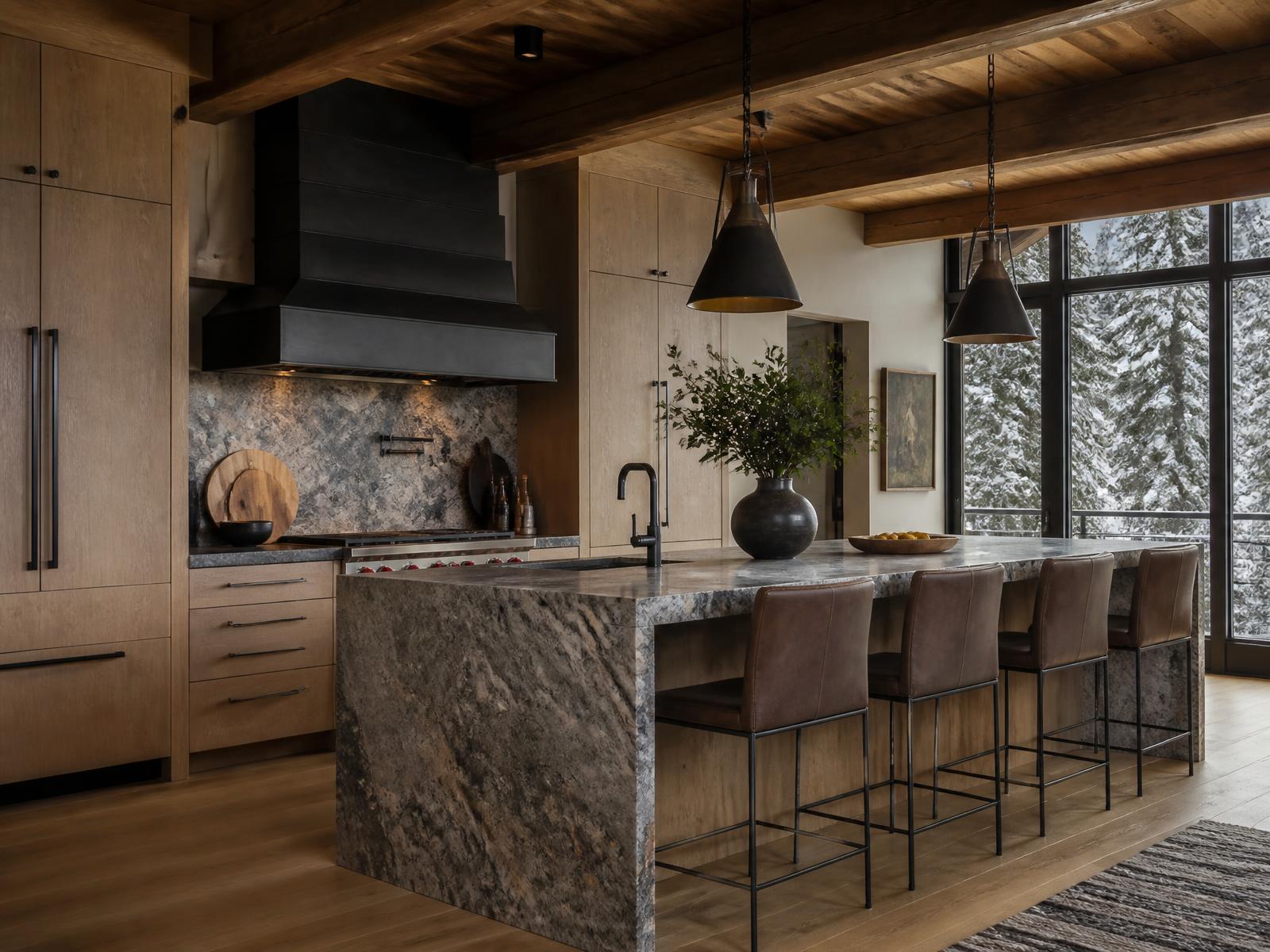 Mountain kitchen with white oak cabinetry, stone waterfall island and blackened steel hood