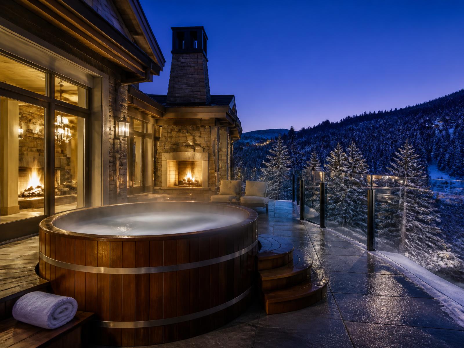 Cedar hot tub and outdoor stone fireplace on a heated terrace above a snowy valley