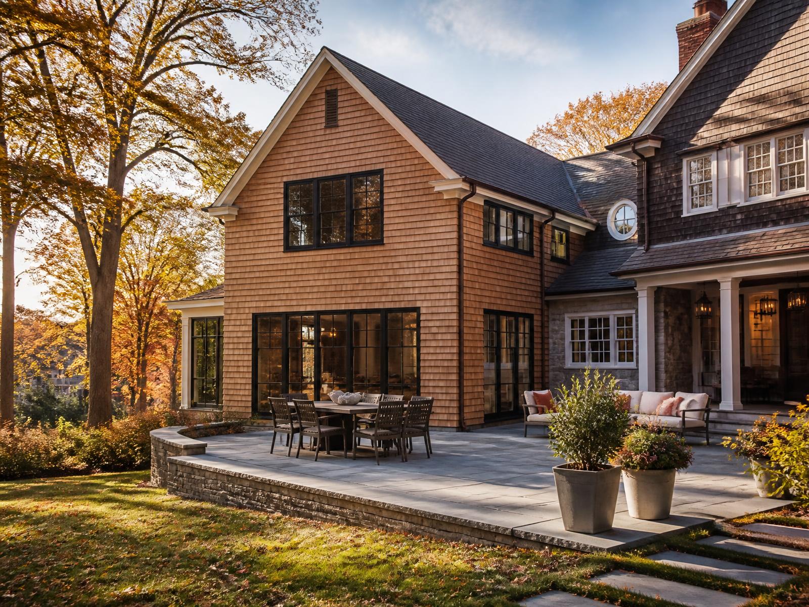 New shingled two-storey addition tied into an existing Wellesley home with a bluestone terrace