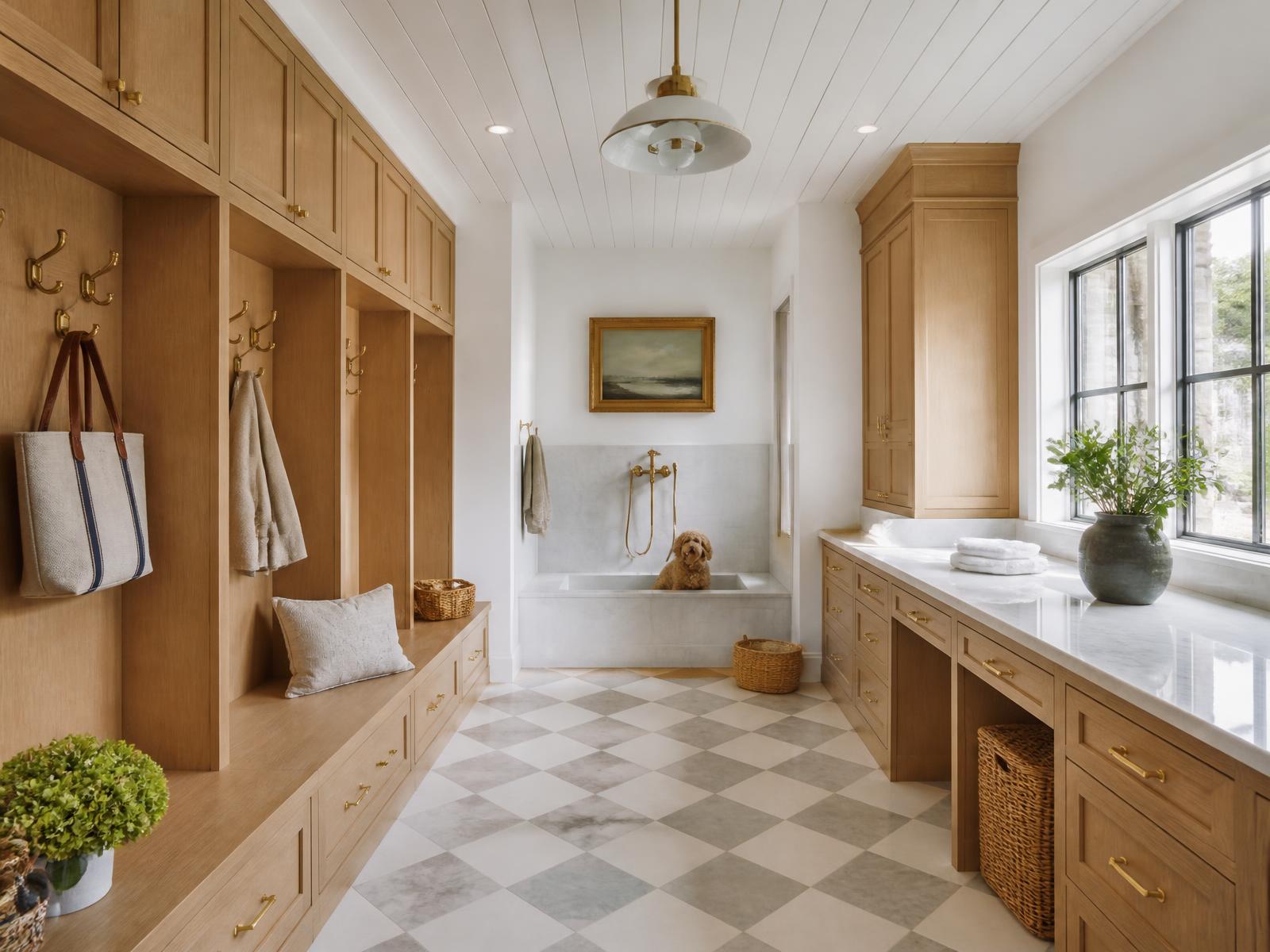 White oak mudroom with lockers, marble folding counter and dog wash