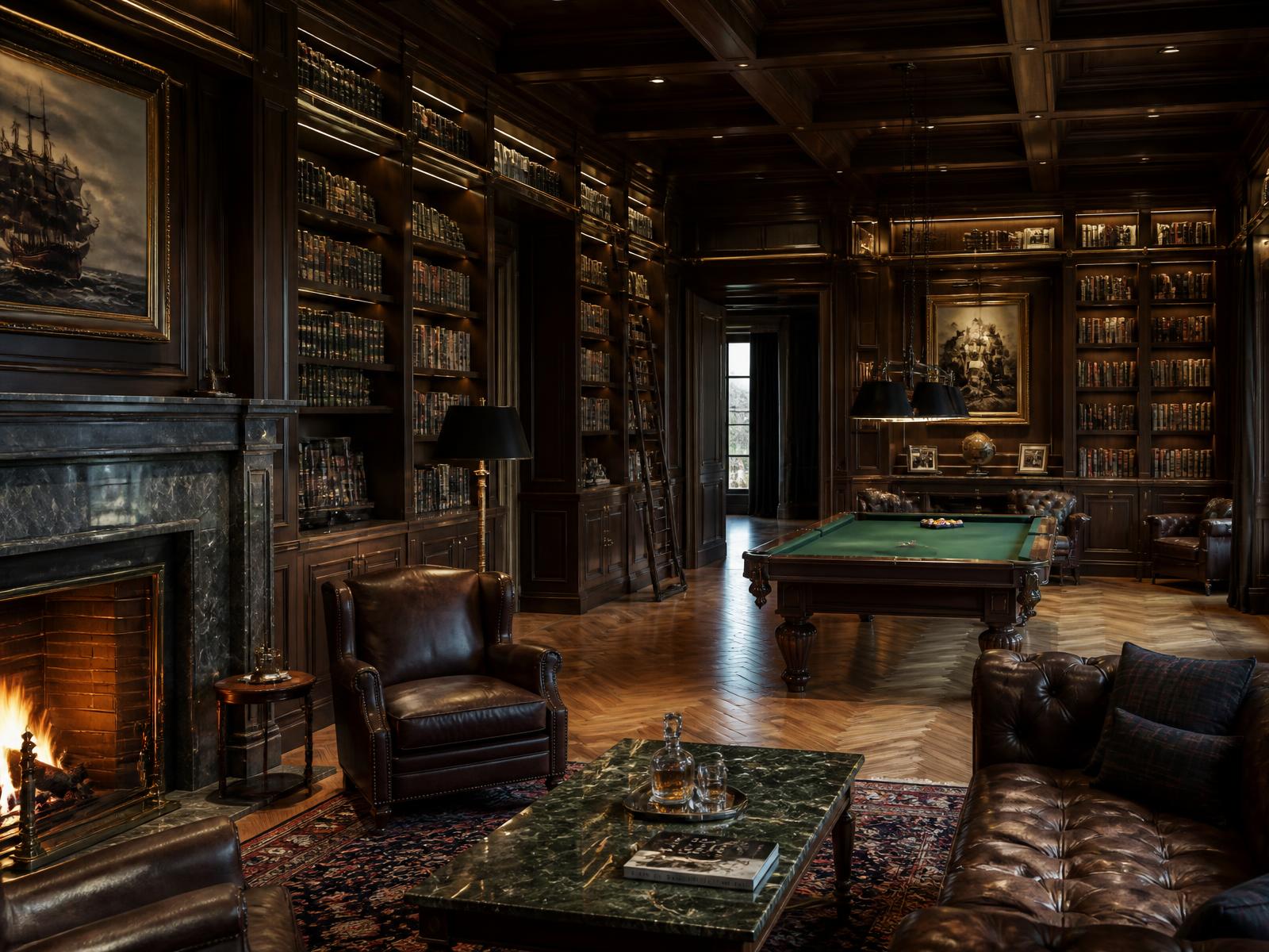 Panelled walnut library and billiards room with coffered ceiling and marble fireplace