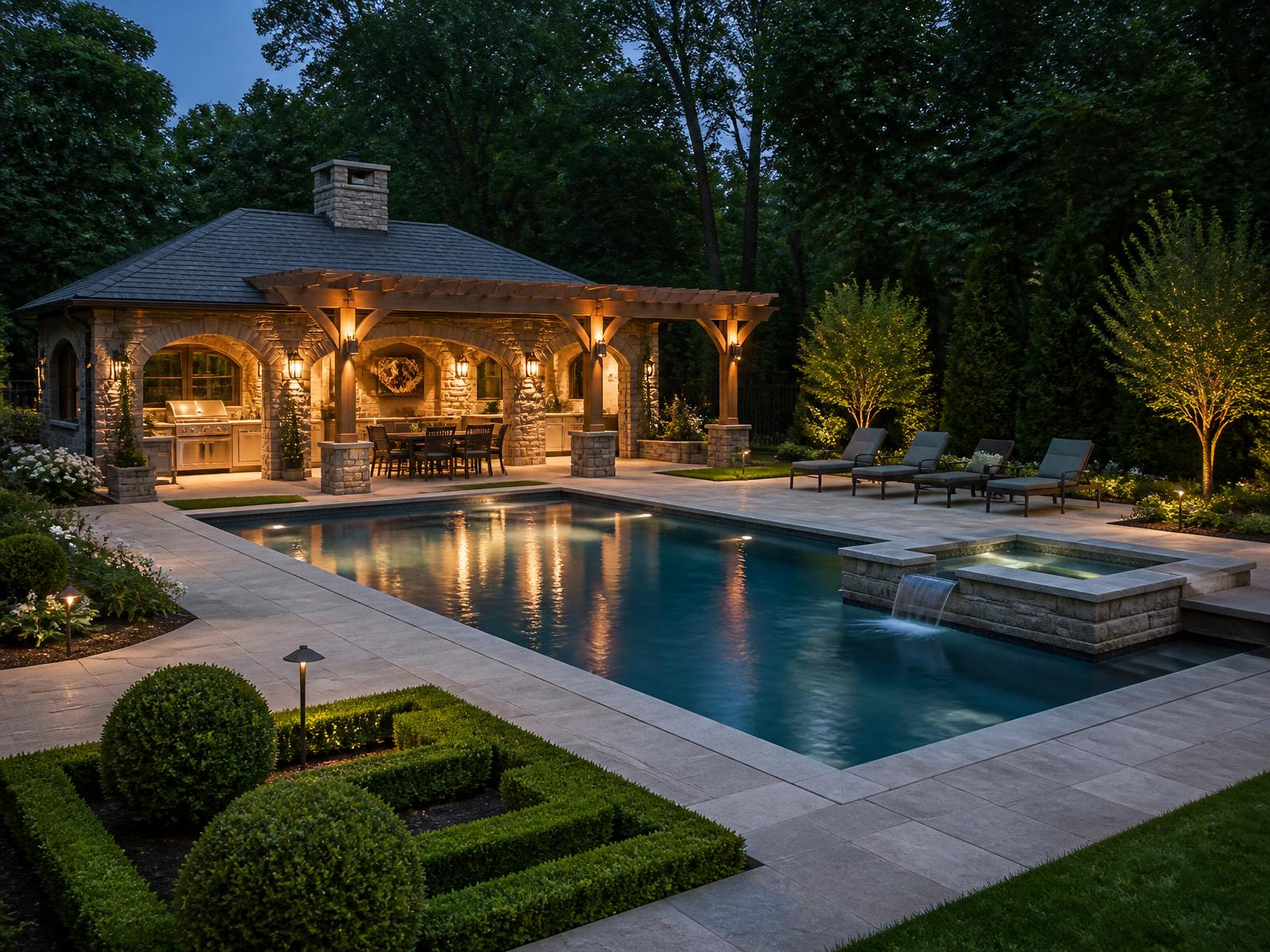 Estate pool, spa and stone pool house with pergola and outdoor kitchen at dusk