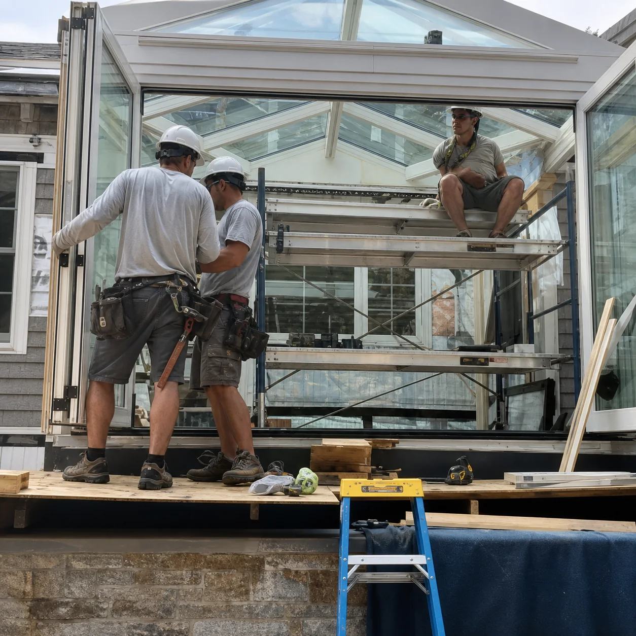 Three members of the iBuild crew installing a glazed architectural enclosure