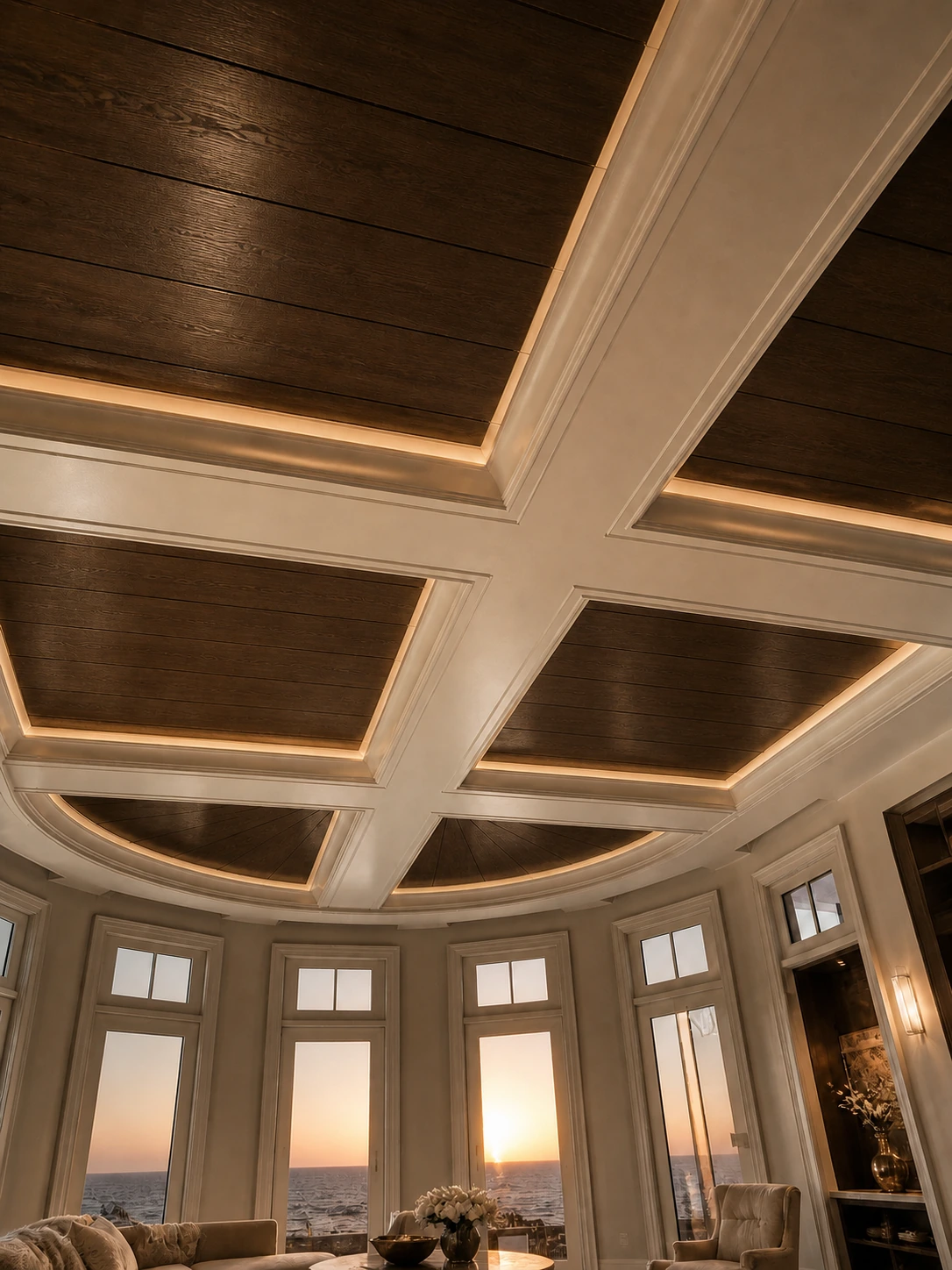 Curved coffered wood ceiling meeting a stone wall