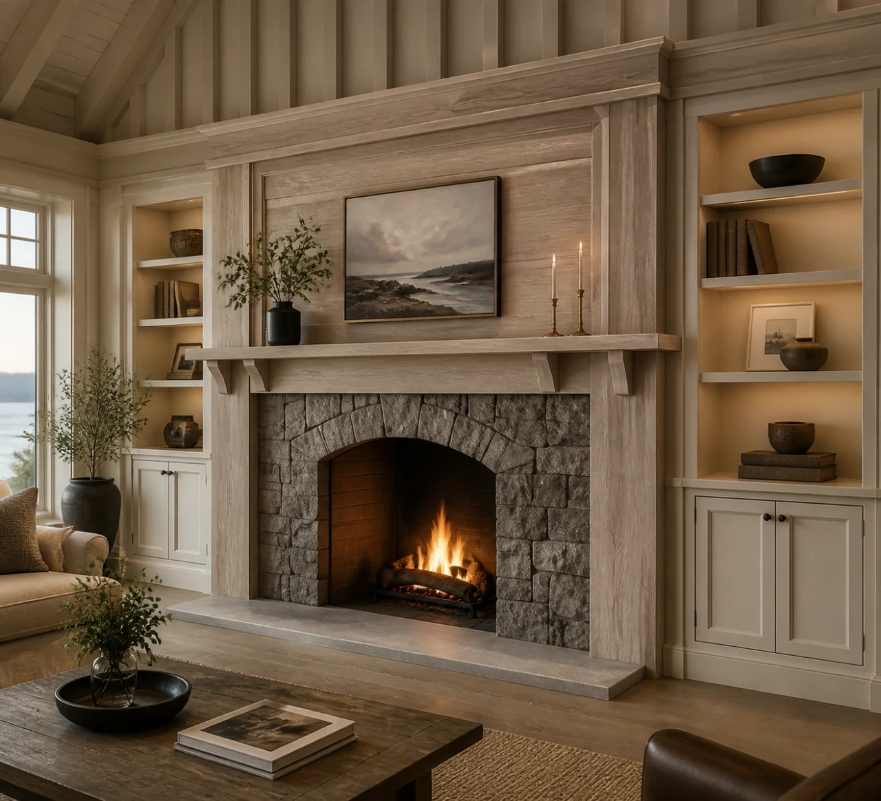 Fieldstone fireplace integrated with custom built-ins