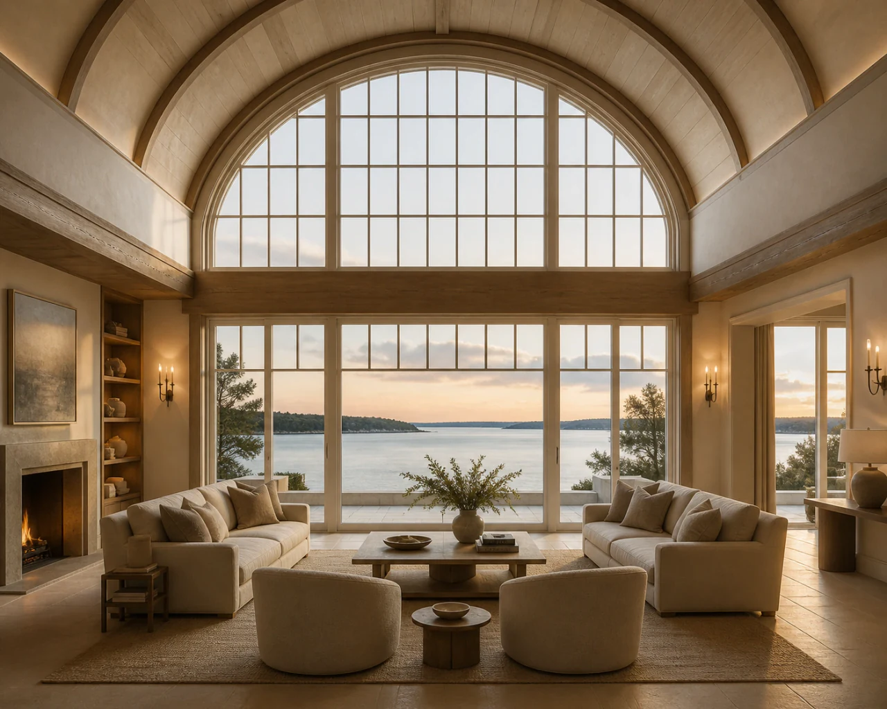 Two-story great room framed by a large arched opening