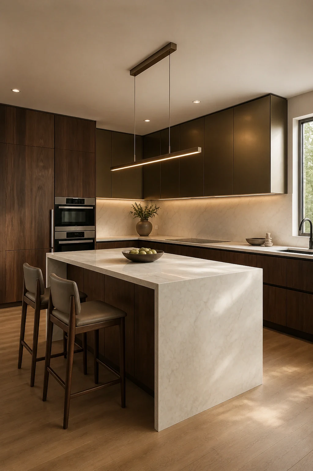 Dark wood kitchen with integrated cabinetry and a sculptural island