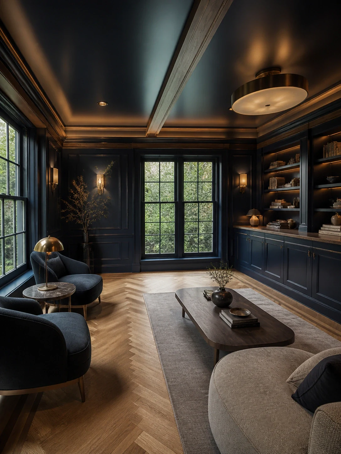 Immersive dark millwork room with integrated shelving and lighting