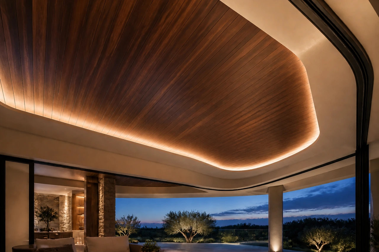 Illuminated curved wood soffit built as a precise architectural element