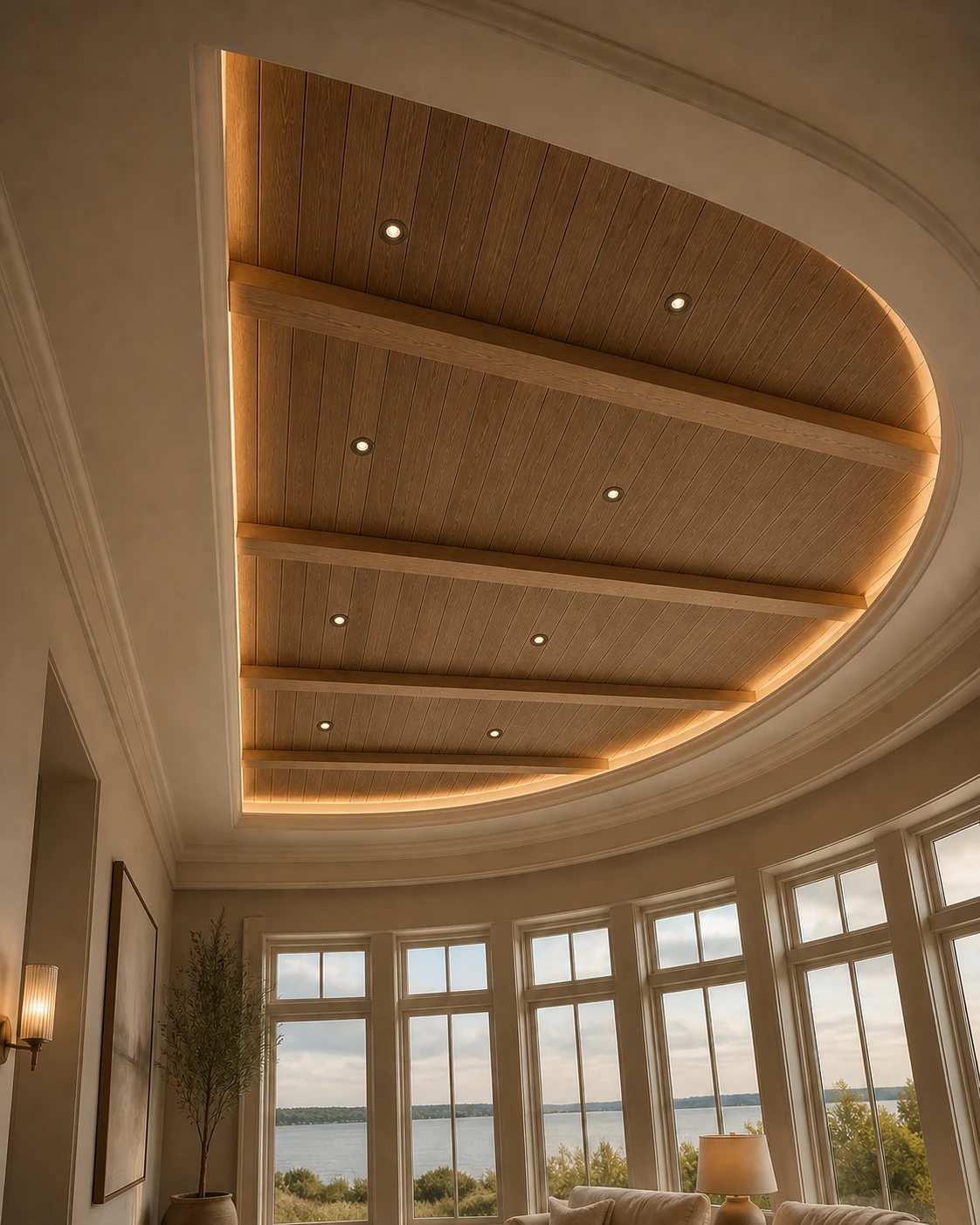 Continuous wood ceiling flowing through an architectural opening
