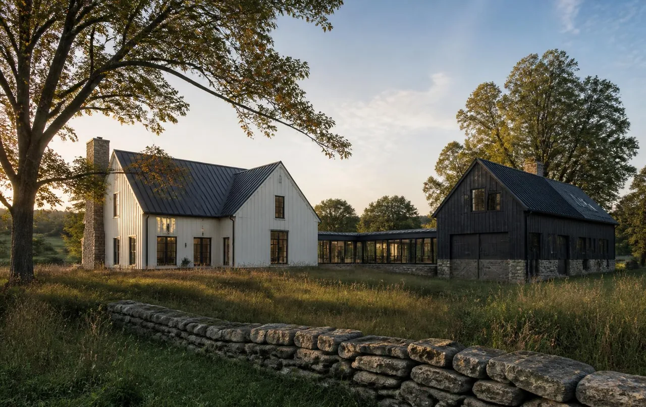 Concept visualization of a New England farmstead compound — a white board-and-batten house linked by a glazed connector to a dark timber barn, in a meadow at golden hour