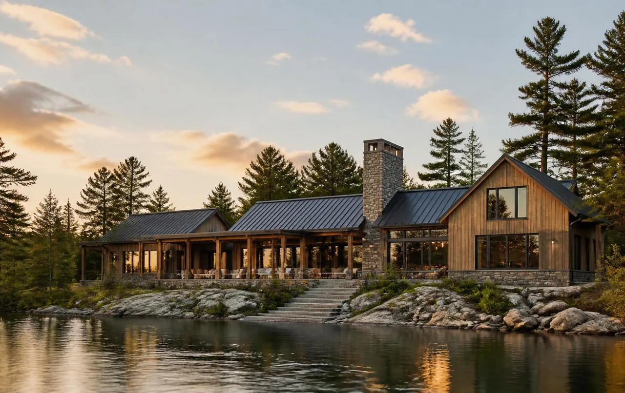 Concept visualization of a timber and stone lakeside residence with dark standing-seam roofs and a covered terrace, seen from the water at dusk