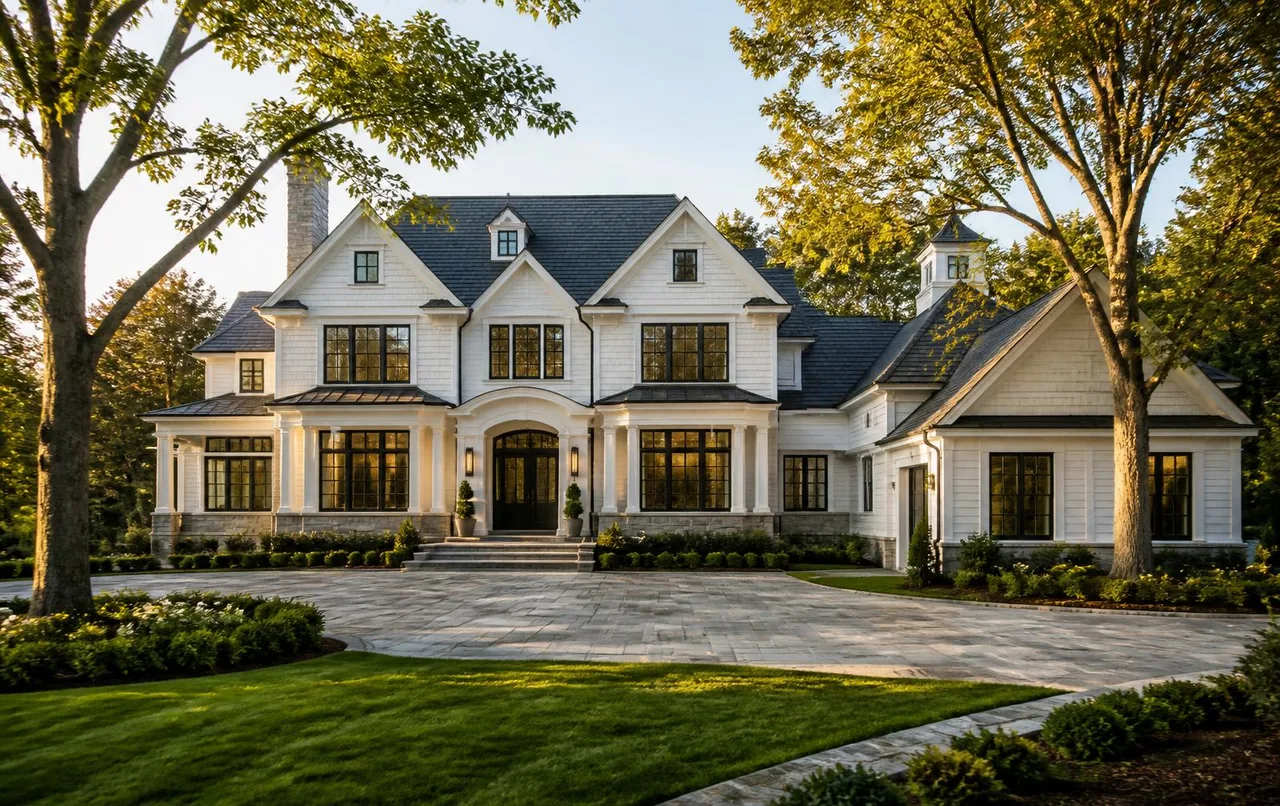 Concept visualization of a white shingle and clapboard New England estate with a dark gabled roof, tall black-framed windows and a bluestone drive court