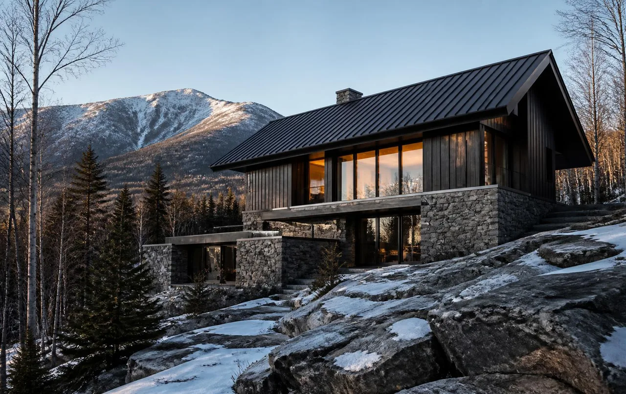 Concept visualization of a contemporary mountain residence in dark timber and granite with a steep standing-seam roof, set into rock ledge with snow-covered peaks beyond