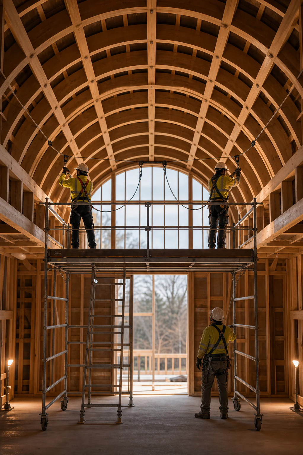 Craftspeople working below a ribbed architectural vault