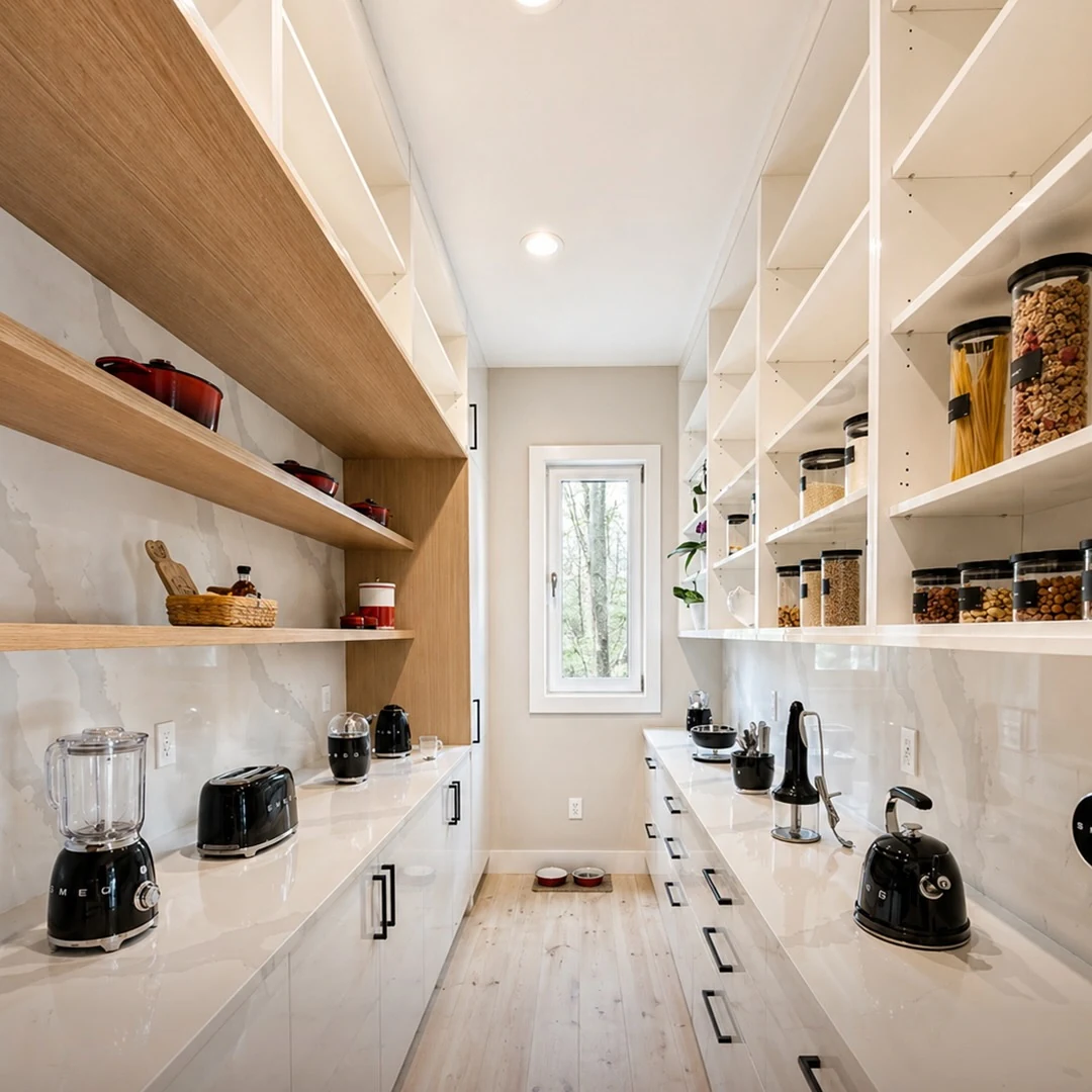 Working pantry at the Bedford Residence with a continuous stone counter, open shelving and a white oak soffit