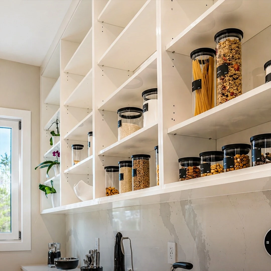 Open pantry shelving at the Bedford Residence with aligned storage vessels above a porcelain slab counter