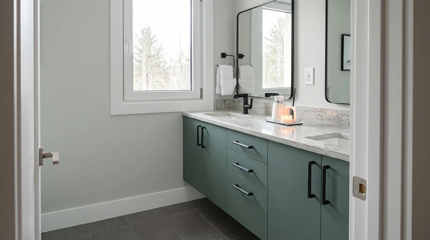 Guest bath at the Bedford Residence with a sage green vanity, marble counter and slab backsplash under twin mirrors