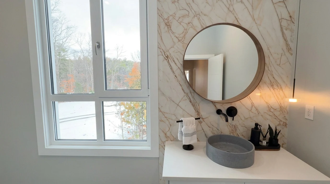 Powder room at the Bedford Residence with a full-height veined porcelain slab wall, round timber-framed mirror and a stone vessel basin