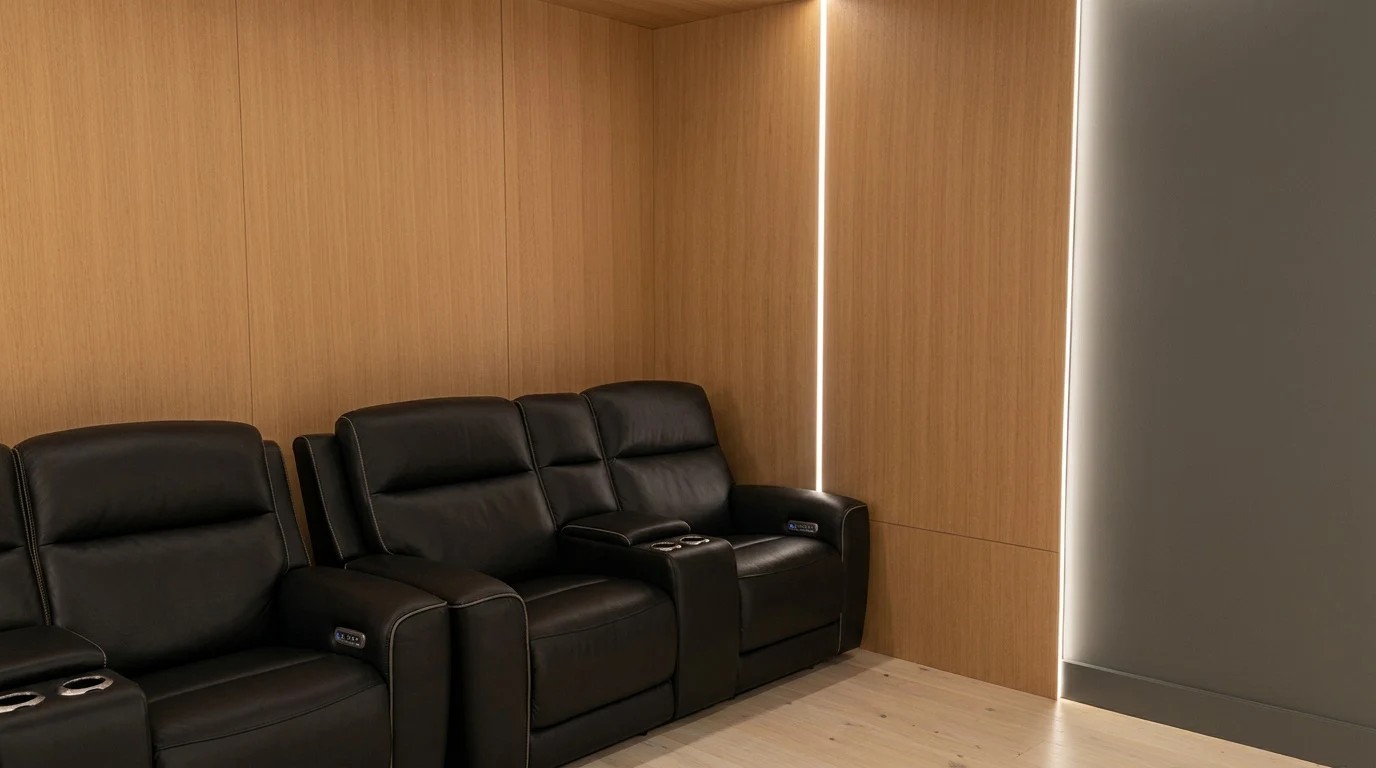Home theatre at the Bedford Residence with reclining seating rows against a white oak acoustic panelled wall