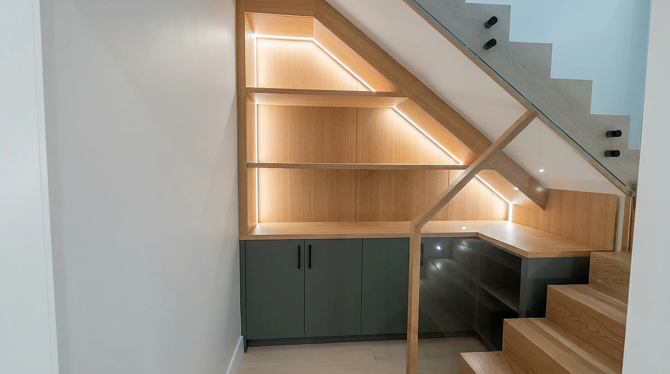 Understair millwork detail at the Bedford Residence showing an angled white oak shelf with a concealed LED reveal