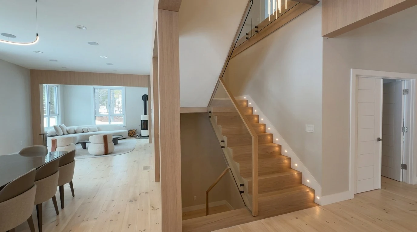 White oak stair at the Bedford Residence with a glass balustrade, oak cap rail and step lights recessed into the stringer wall
