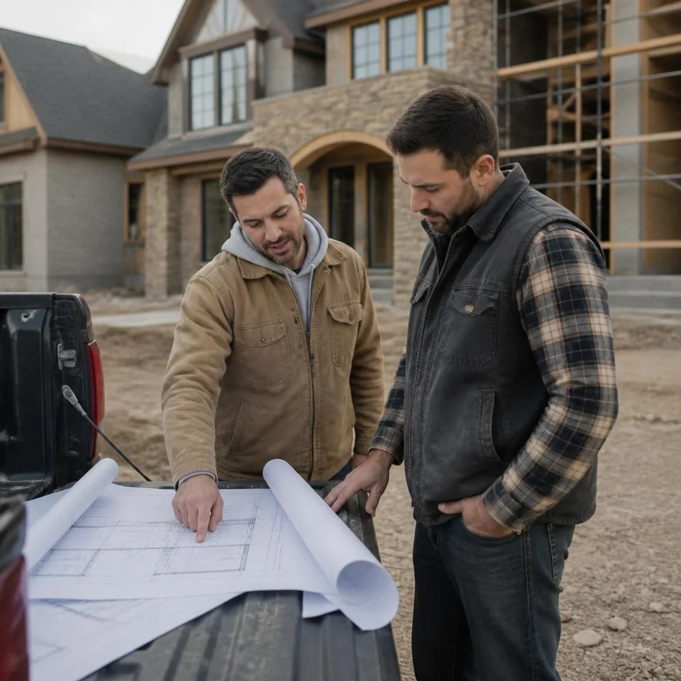 iBuild project lead and carpenter reviewing construction drawings at the truck outside a home under construction