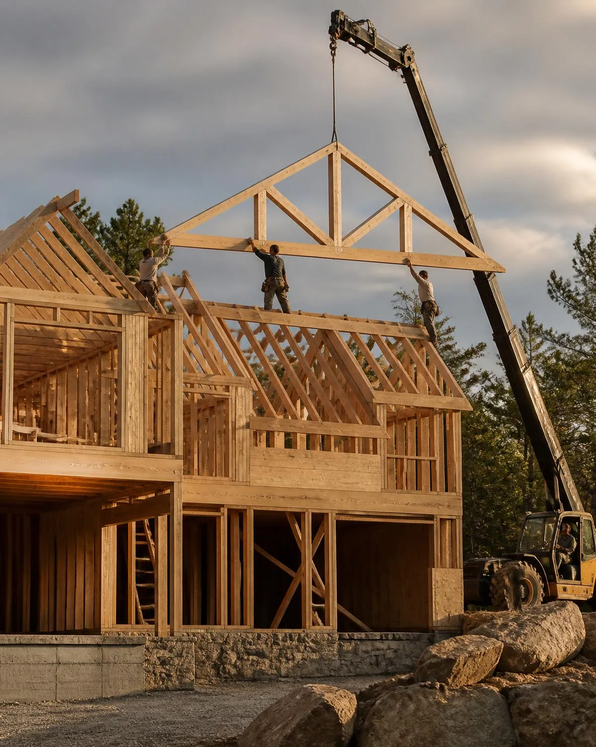 Carpenters setting a roof truss on a custom home under construction