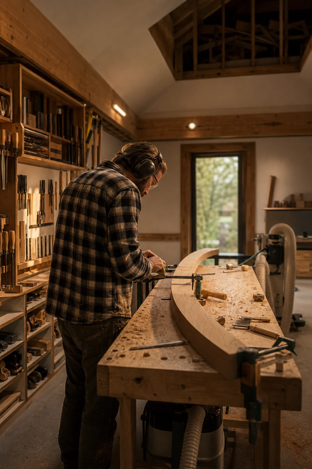 A craftsperson forming a curved wood component by hand
