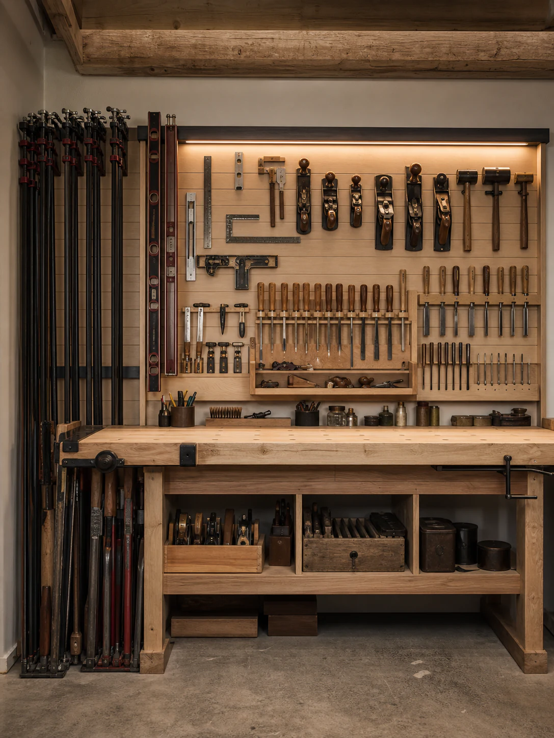 A working wall of hand tools in the carpentry shop