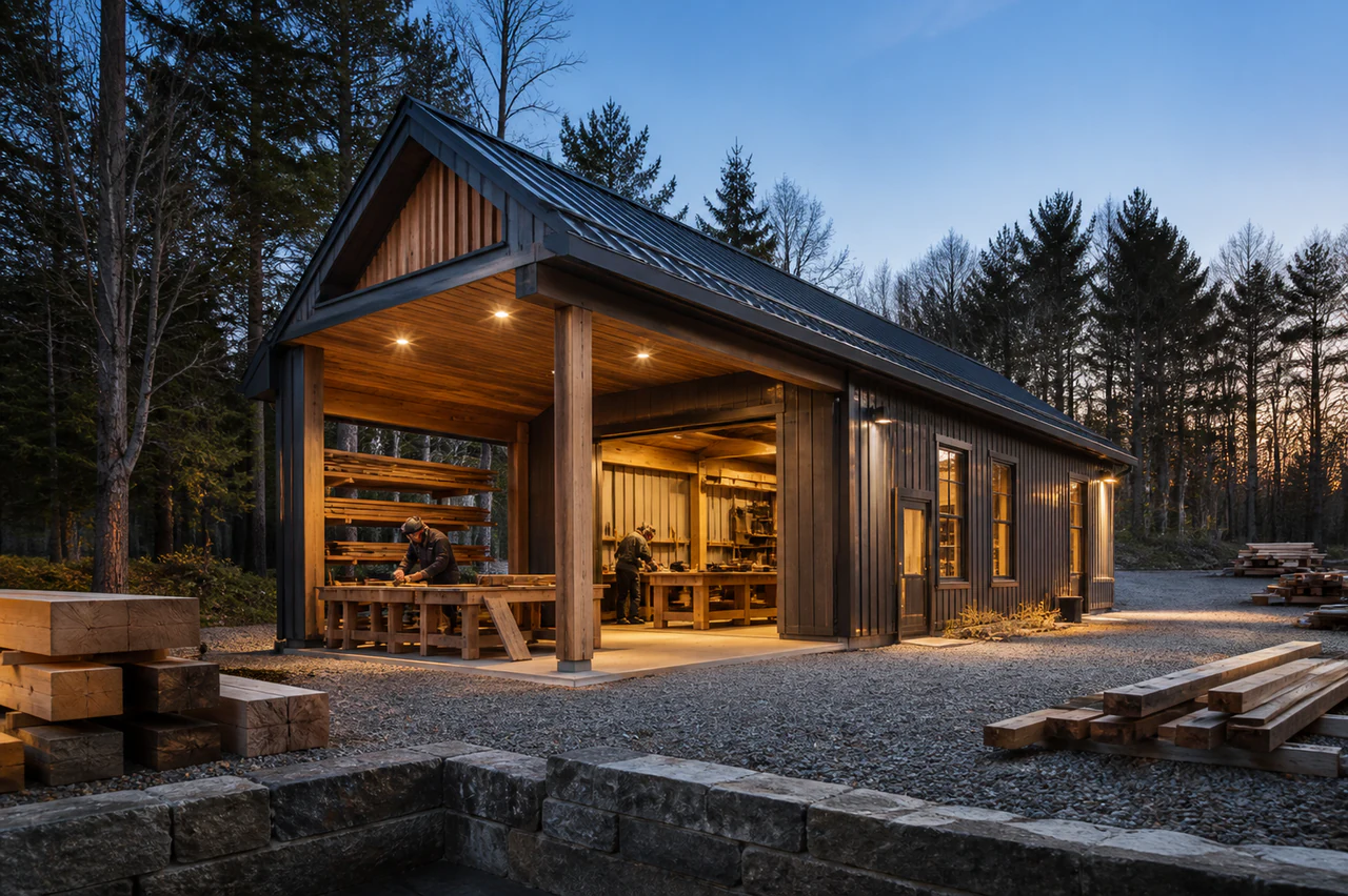 The iBuild crew at work inside a large timber carpentry shop